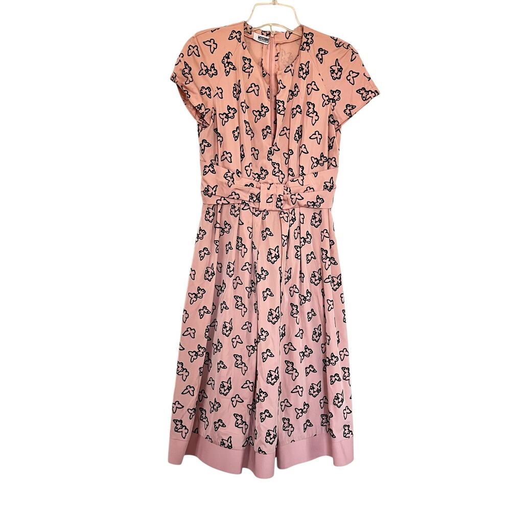 Moschino Pink Black Butterfly Print Pleated Short Sleeve Midi Dress Size 6
